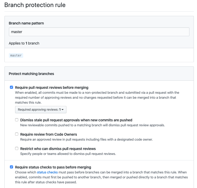 Example of GitHub branch protection rules