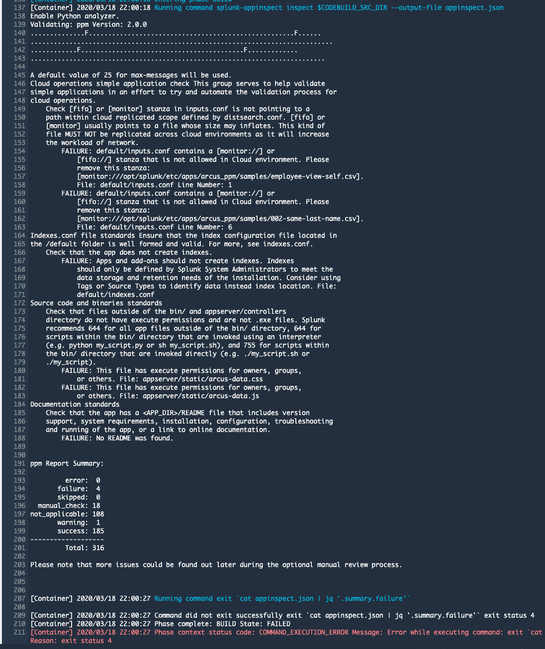 AppInspect output from CodeBuild console