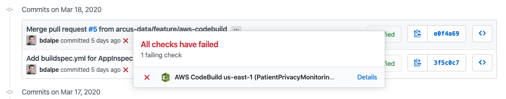 GitHub commit history showing failed builds