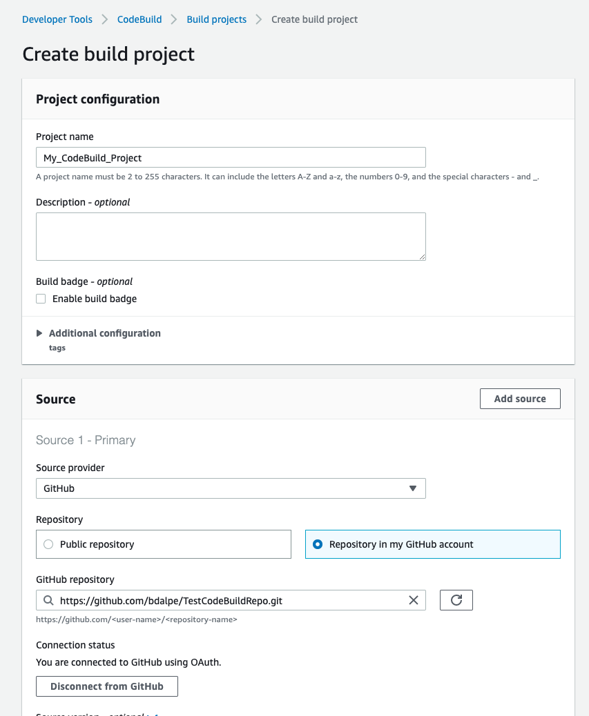 Create build project in AWS CodeBUild