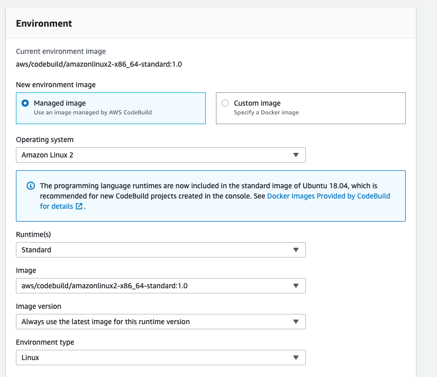 Environment settings for AWS CodeBuild