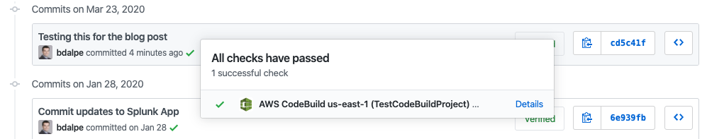 GitHub commit history showing passed status