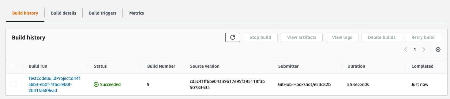 AWS CodeBuild build history